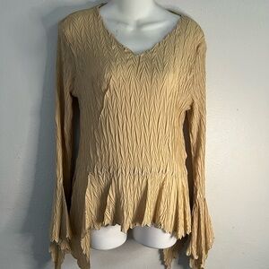 Boho Crinkle Bell Sleeve Peplum Top Beige Fairy Cottagecore Blouse